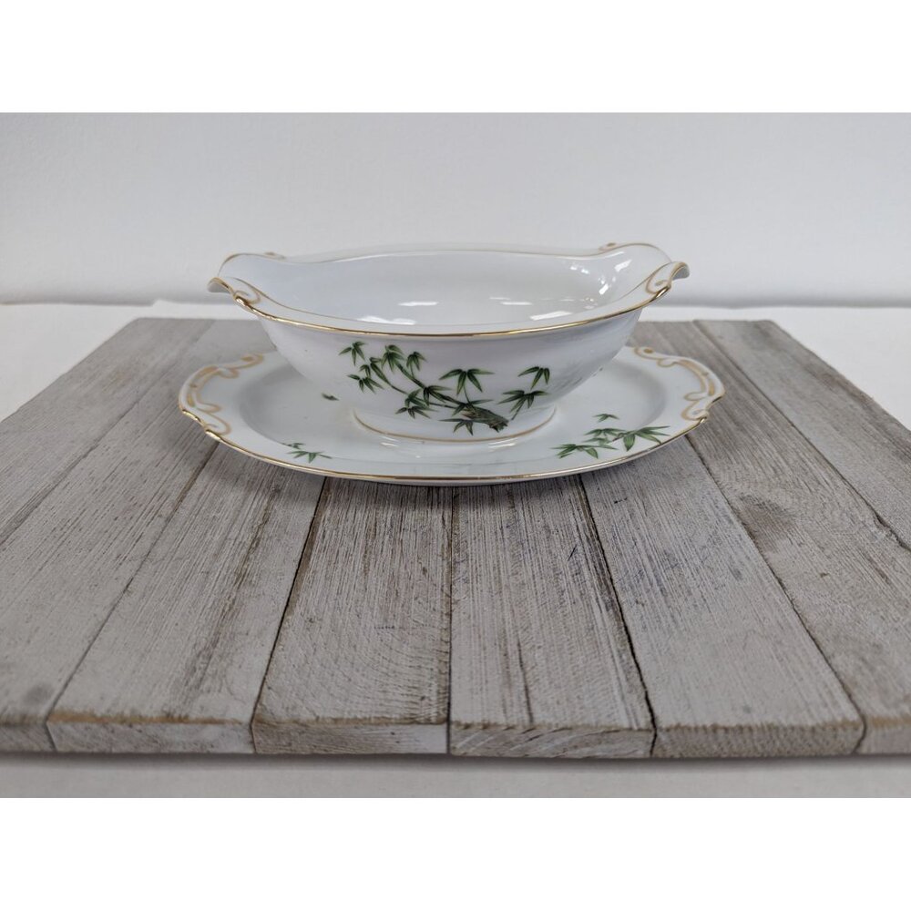 Vintage Hira Tah-Kay Bamboo China Gravy Boat with Attached Plate